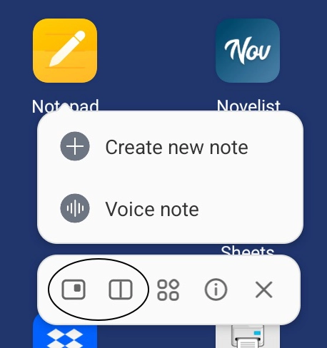Android app menu with options for widgets, split screen, floating window